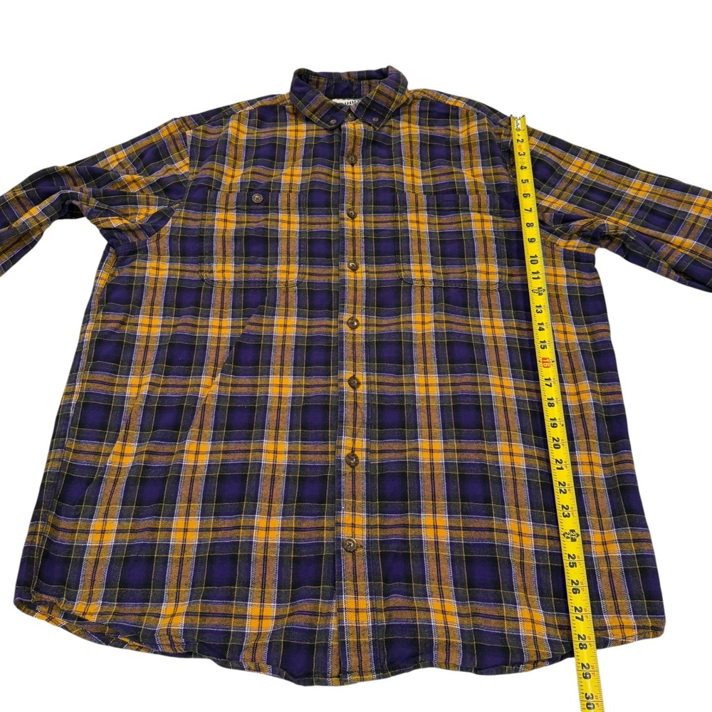 Duluth Trading Men L Tall Relaxed Fit Flannel Shirt Purple Yellow Plaid Cotton - Picture 7 of 7